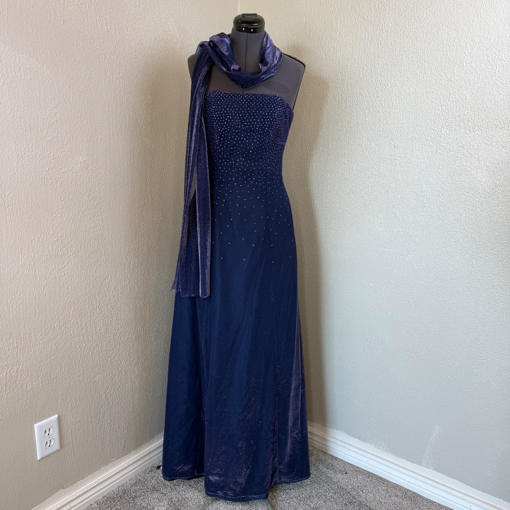 Vintage Y2K Jump Apparel Co Wendye Chaitin Navy Beaded Strapless Gown Scarf 5/6